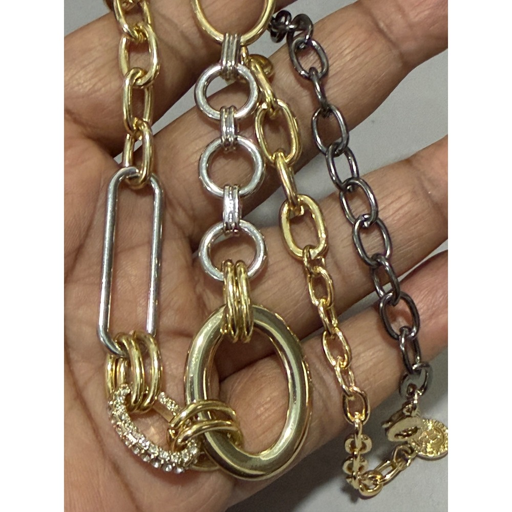 Graziano Mixed Metal Link Necklace Gold Tone Silver Tone Gunmetal Pave Accents - Picture 10 of 16